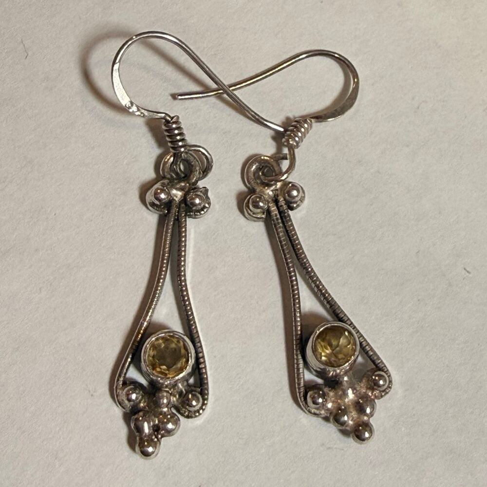 Vintage Sterling Silver Citrine Dangle Earrings Boho 1 5/8 in